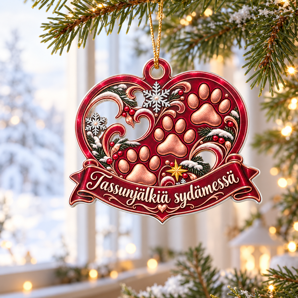 Tassunjälkiä sydämessä - joulukoriste tekstillä